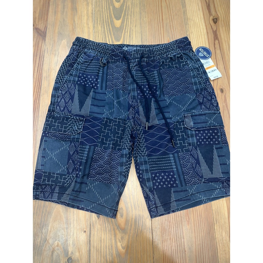 American Rag Mens Small Blue Patchwork Sashiko Print Cargo Pull On Shorts NWT